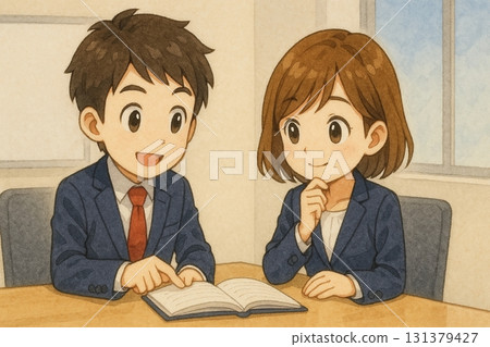 新公司赤壁人物，男性和女性，一邊開會一邊看筆記 131379427