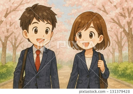 新進職的男女 Q 版人物沿著一排櫻花樹行走 131379428