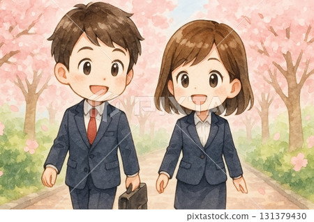 新進職的男女 Q 版人物微笑著沿著一排櫻花樹走著 131379430