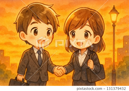 夕陽下男女商務人物手牽手 131379432