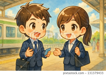 男性和女性商務人物（變形）在月台上交談 131379433