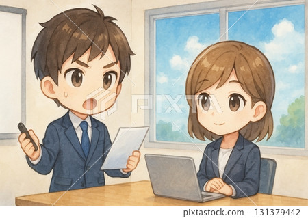 一位男士正在努力準備演講，一位女性商務人士正在聆聽 131379442