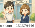 男女商務人士在公司前互相問候 131379446