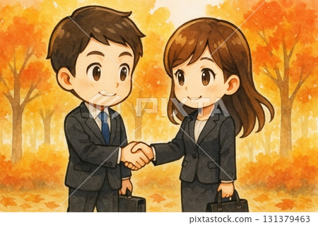 秋天，商界人士在綠樹成蔭的道路上握手 131379463