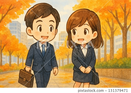 商界人士沿著綠樹成蔭的街道行走 商界人士沿著綠樹成蔭的街道行走 131379471