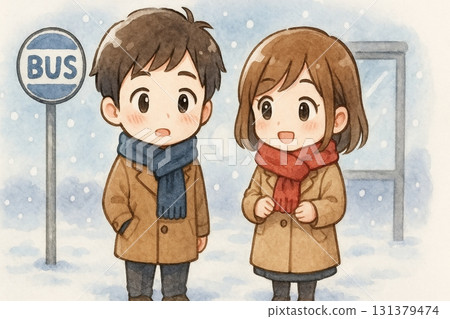 赤壁人物商人和女人在雪地裡的公車站聊天 赤壁人物商人和女人在雪地裡的公車站聊天 131379474