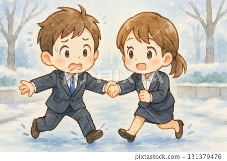 赤壁人物商人和辦公室女士手牽手，試圖避免在雪路上滑倒 131379476