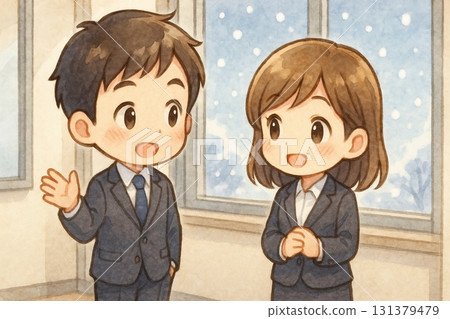 赤壁人物商人和辦公室女士在雪窗旁交談 赤壁人物商人和辦公室女士在雪窗旁交談 131379479