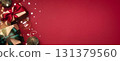 Banner with two gift boxes and Christmas ornaments on red background. Boxing day, Christmas and New Year gifts. 131379560