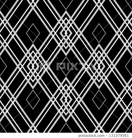 Classic monochrome black white geometry seamless pattern. Mosaic of white rhombuses on black background. Optical illusion gothic background design. Classic monochrome black white geometry seamless pattern. Mosaic of white rhombuses on black background. Optical illusion gothic background design. 131379561