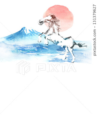 新年卡：馬、富士山和日出 131379627