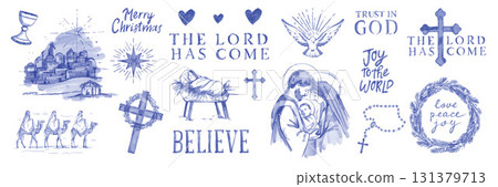 Watercolor Christmas illustration set, hand drawn nativity Christ religion doodle decor print, cross 131379713
