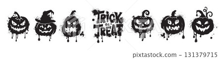 Halloween pumpkin graffiti, vector hand drawn scary holiday smile icon set, street art spray print. Halloween pumpkin graffiti, vector hand drawn scary holiday smile icon set, street art spray print. 131379715