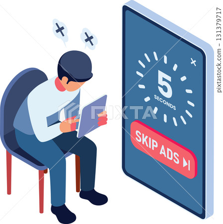 Isometric Frustrated User Waiting to Skip Online Advertisement Isometric Frustrated User Waiting to Skip Online Advertisement 131379717