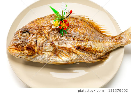 Celebratory grilled whole sea bream and decorations Celebratory grilled whole sea bream and decorations 131379902