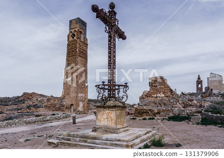Belchite viejo showing cross and destroyed church tower after spanish civil war 131379906