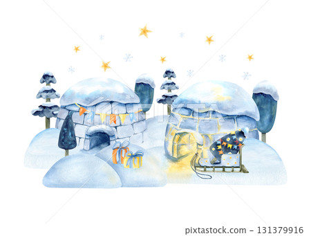 Christmas winter seamless pattern, igloo, snowdrift, holiday landscape background. Watercolor icehouse, sled, snowman, New year scenery, snowfall and footprint. Decorated tree, gift, wrapping paper 131379916