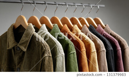Row of colorful corduroy jackets on wooden hangers showcases variety of autumn shades 131379983