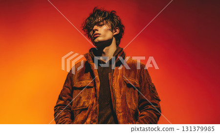 Young man in brown corduroy jacket stands confidently against vibrant orange background 131379985