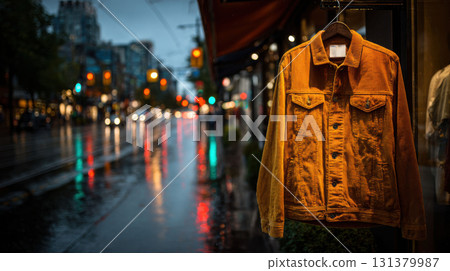 Corduroy jacket hangs under awning in rainy city evening, with reflections on wet pavement creating moody urban vibe 131379987