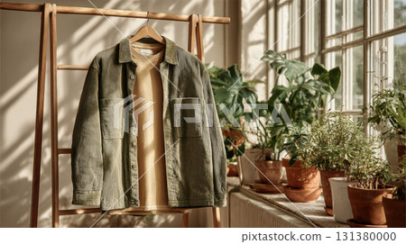Corduroy jacket hanging on wooden rack with plant accents, daylight streaming through large window in airy modern studio 131380000