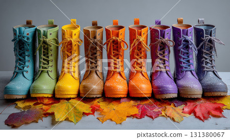 Colorful rain boots in row with autumn leaves create vibrant and cheerful scene 131380067