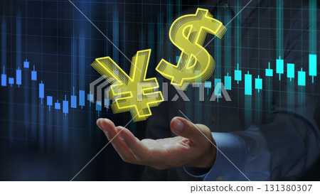 帶有日元和美元符號的燭台圖。金融市場的匯率。帶有¥和$符號的外匯 帶有日元和美元符號的燭台圖。金融市場的匯率。帶有¥和$符號的外匯 131380307