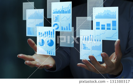Business analytics reports with charts and graphs. Integrated content management platform. 131380317