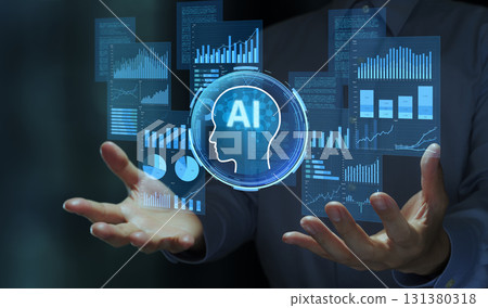 AI-powered automated report generation system. Real-time augmented analysis. Business person with reports and AI icons. 131380318