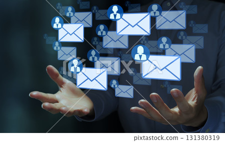 Email marketing. Mailing list and autoresponder. Business person with email icon. Email marketing. Mailing list and autoresponder. Business person with email icon. 131380319