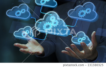 Multi-cloud computing and APIs. Orchestration and automation. Cloud and gear icon. Multi-cloud computing and APIs. Orchestration and automation. Cloud and gear icon. 131380325