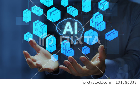 AI inventory management. Inventory control and analysis system. Business person holding cardboard box icon. AI inventory management. Inventory control and analysis system. Business person holding cardboard box icon. 131380335