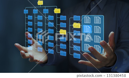 Document management and archiving system. Document and records management. Business diagram with folder structure and file icons. Document management and archiving system. Document and records management. Business diagram with folder structure and file icons. 131380458