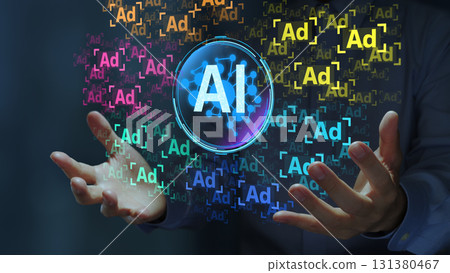 AI-powered advertising. Programmatic advertising creation and management with artificial intelligence. Marketer with AI and advertising icon. 131380467