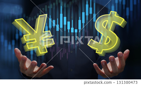 Candlestick chart with yen and dollar symbols. Exchange rates in financial markets. Forex with ¥ and $ symbols 131380473