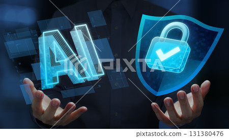 安全保護 AI 模型。 AI 保護隱私。 AI 圖示和盾牌掛鎖圖示。 131380476