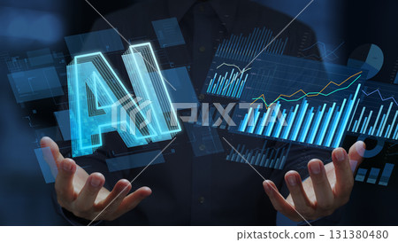 AI-powered data analysis. Augmented analytics. Automated business intelligence dashboard. AI icons and 131380480