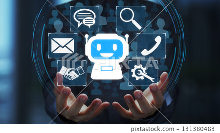人工智慧客戶支援。對話式虛擬助理。自動回覆客戶問詢的聊天功能。 131380483