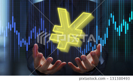 帶有日元符號的燭台圖。金融市場的匯率。帶有¥符號的外匯交易員。 帶有日元符號的燭台圖。金融市場的匯率。帶有¥符號的外匯交易員。 131380493