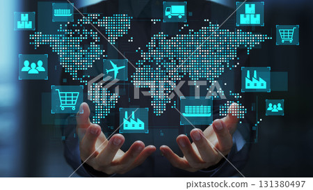 Supply chain management. Logistics and inventory tracking system. Business people with world map and delivery icons 131380497