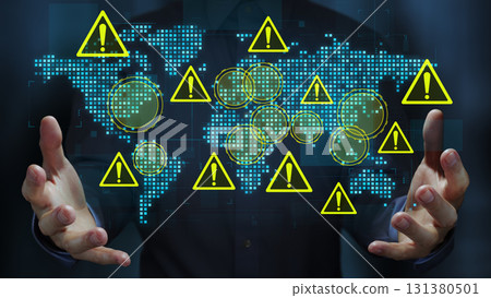地緣政治風險和國際不穩定 國際衝突和貿易戰的影響評估 帶有世界地圖和警告三角形圖標的商業概念 131380501