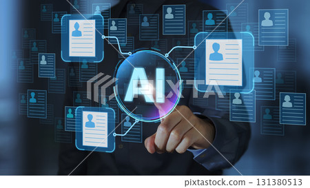 AI-powered recruitment. Automated resume screening and skill assessment. Business managers using AI-powered automated recruitment systems. AI-powered recruitment. Automated resume screening and skill assessment. Business managers using AI-powered automated recruitment systems. 131380513