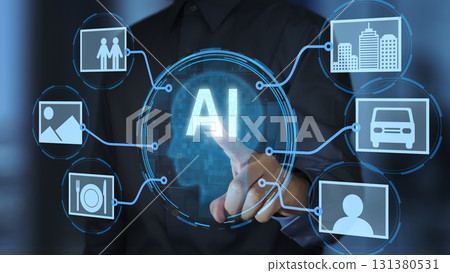 Image generation AI or video recognition and detection AI. A business person taps on the artificial intelligence icon. Image generation AI or video recognition and detection AI. A business person taps on the artificial intelligence icon. 131380531
