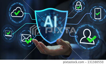 AI-powered cybersecurity. AI-powered SOAR. Threat detection and user behavior analysis. Shield and AI icon 131380550