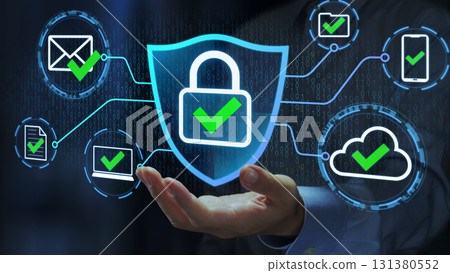 Data encryption and secure communication protocols. Network and data security management. Shield and padlock icons. Data encryption and secure communication protocols. Network and data security management. Shield and padlock icons. 131380552
