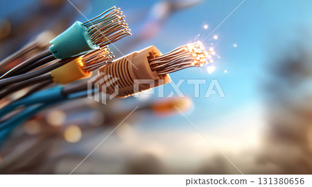 Energetic abstract tech background featuring electrical wires and colorful fiber optics in motion. AI Generated. Energetic abstract tech background featuring electrical wires and colorful fiber optics in motion. AI Generated. 131380656