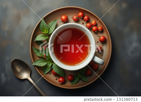 White ceramic cup with herbal goji berry tea 131380713