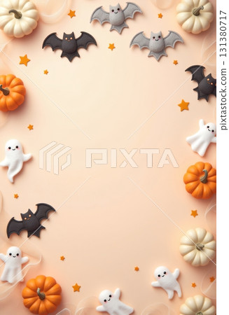 Colorful Halloween decorations featuring ghosts and pumpkins 131380717
