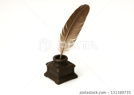 Vintage Inkwell With Brown Goose Feather Quill on Ornate Desk Horizontal 131380735