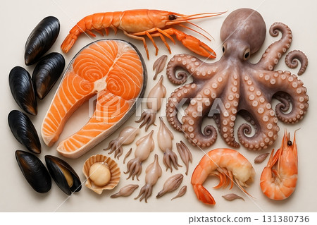 Fresh Assortment of Seafood Including Octopus Salmon Shrimp Mussels and Scallop on Light Background Horizontal 131380736